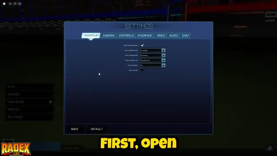 Blox League Settings panel with Gameplay and Camera tabs