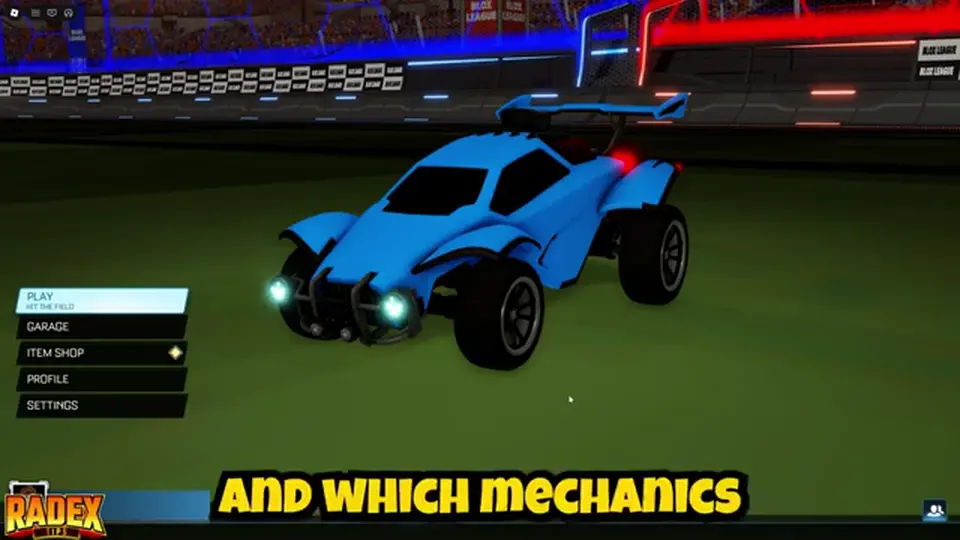 Blox League lobby menu with Play, Garage, Item Shop, Profile, and Settings