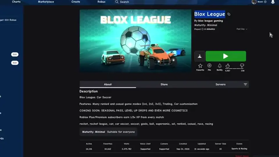 Roblox Blox League listing text with Premium 1.5x XP from every match